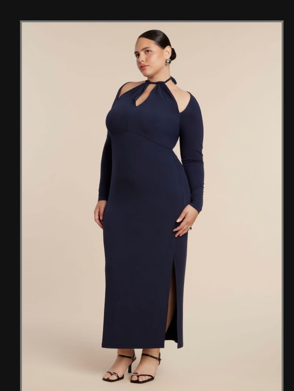 Long Sleeve Navy Halter Neck Dress